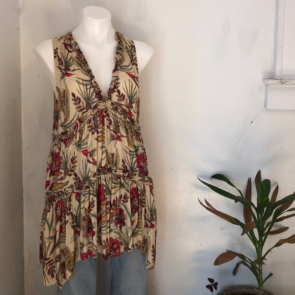 Free People Graphic Bird Print Tunic Blouse MED - Picture 1 of 6